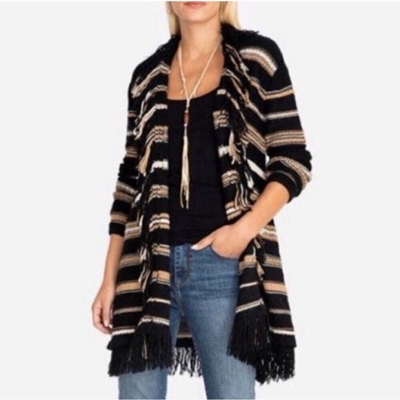 Johnny Was Ada Cardigan Sz M Black Brown Stripe Alpaca Wool Fringe Boho Sweater - Picture 2 of 11